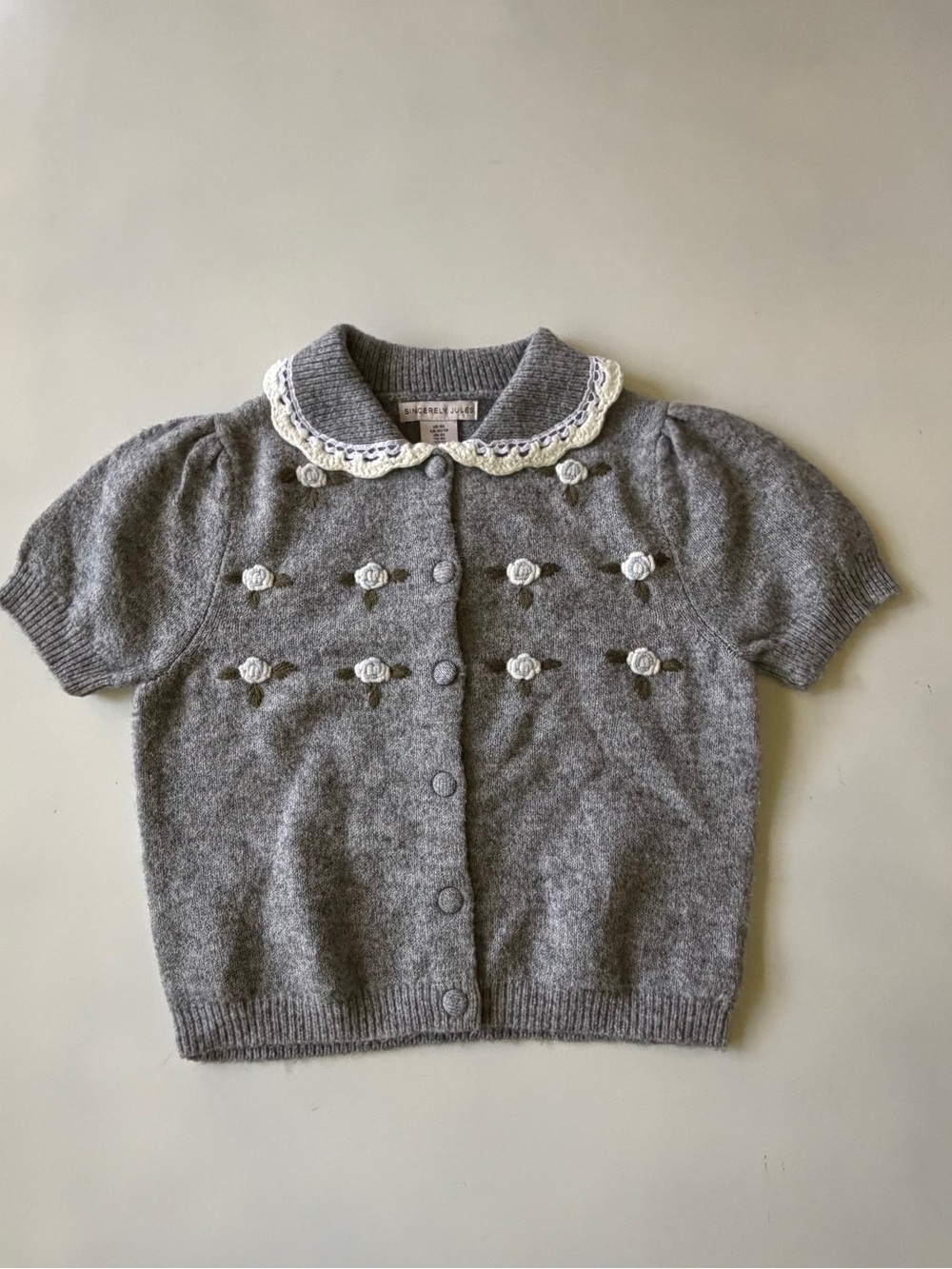 Sincerly Jules Gray Knit Short-Sleeve Cardigan with White Lace Collar XS